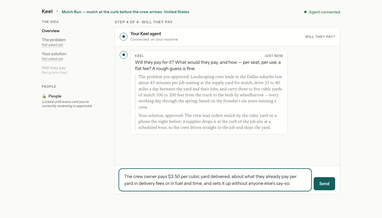 The founder’s price claim sitting in the composer, your AI’s own question above it, and the two claims already approved, quoted back.
