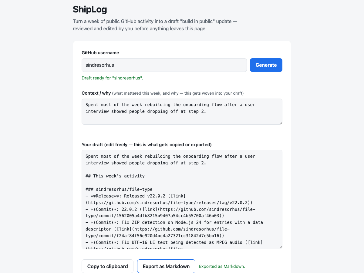 ShipLog export confirmation after downloading the markdown file